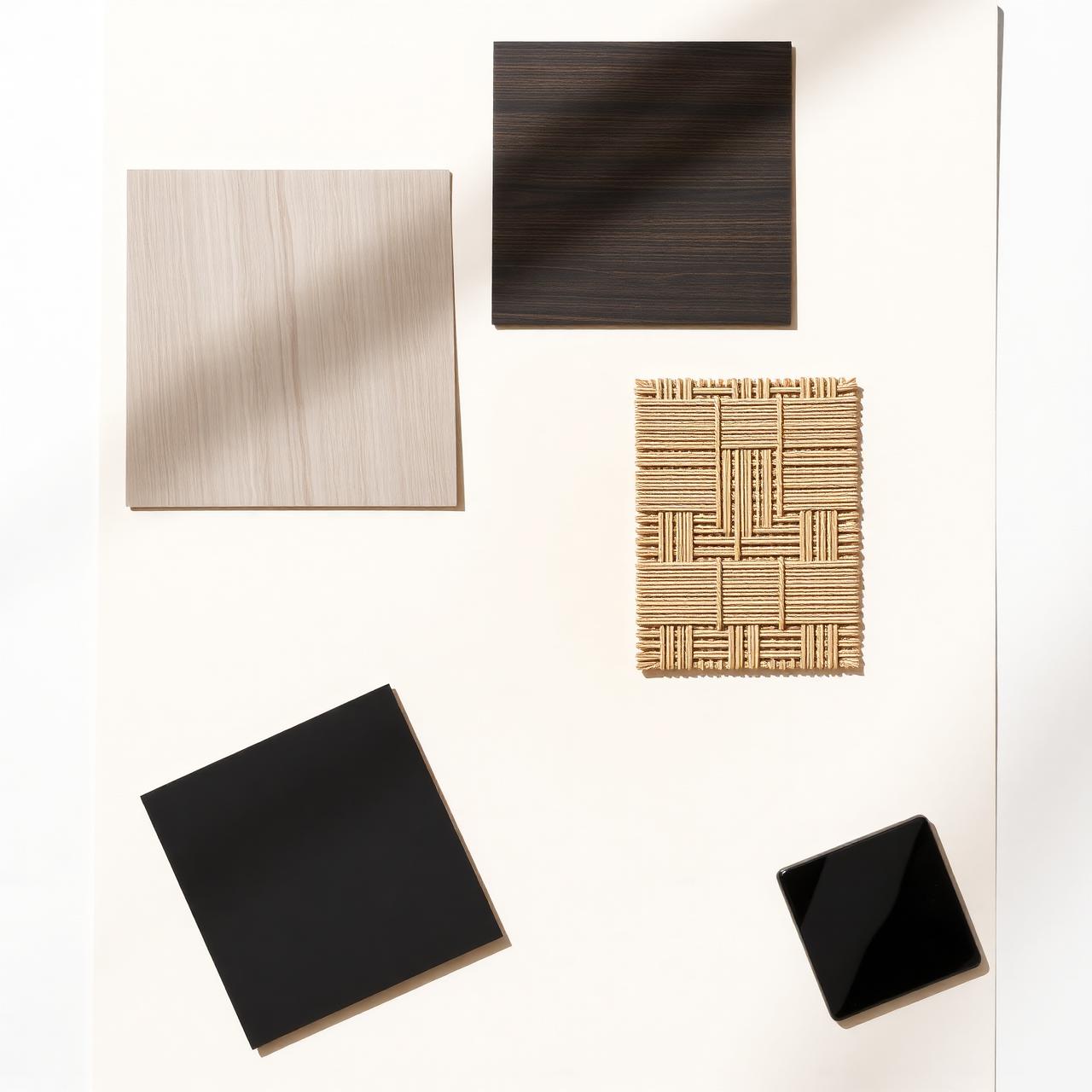 Flat lay of laminate, acrylic, rattan and lacquered glass swatches