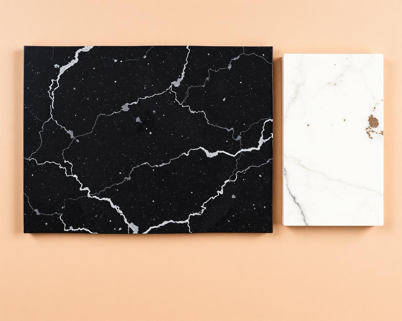 Black granite slab next to a white quartz slab on warm paper