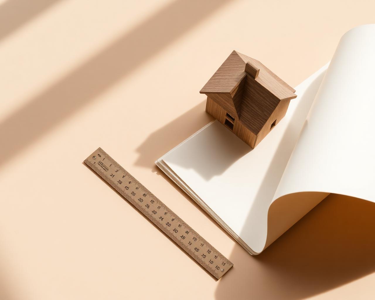 Small wooden house model, brass ruler and folded paper on a warm cream surface